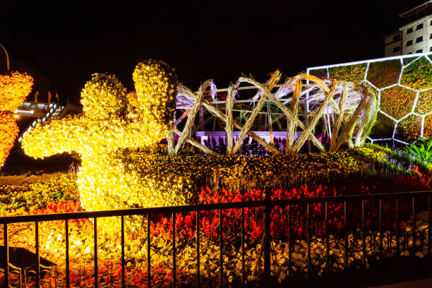 changan street, beijing national day, china feiert den nachtblick auf die blumenbeete. - ornamental garden flower bed night illuminated stock-fotos und bilder