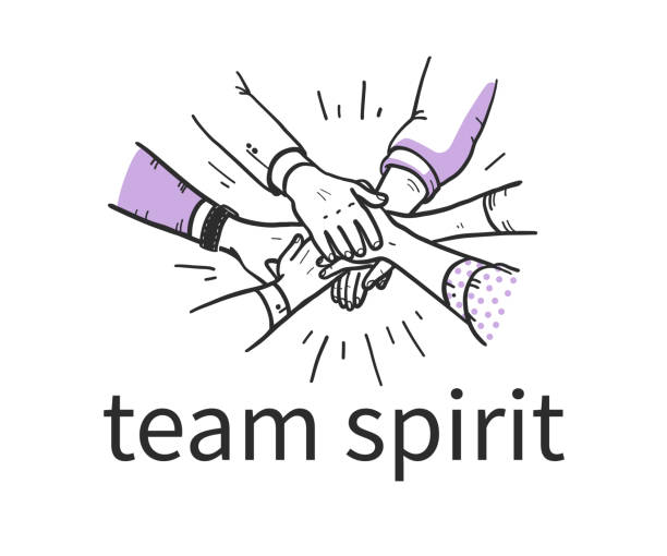 Team spirit concept with human hands holding together isolatex on white background. Team spirit concept with human hands holding together isolatex on white background. Team work, partnership, team building. Hand drawn sketch style. Vector illustration. hands clasped stock illustrations