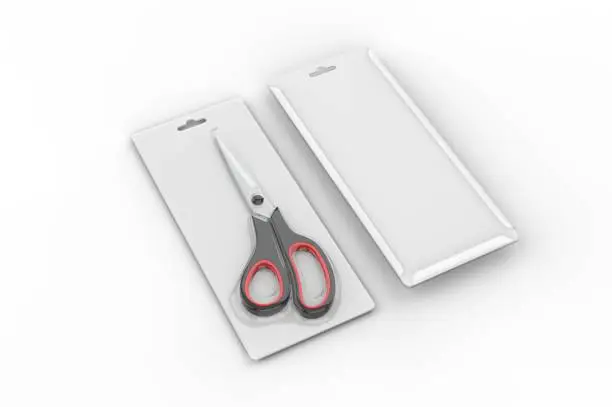 Blank Heat seal plastic scissors packaging for branding. 3d illustration.