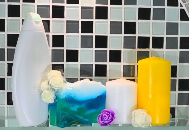 istock Bottles with body gels on the shelf. 1187798548