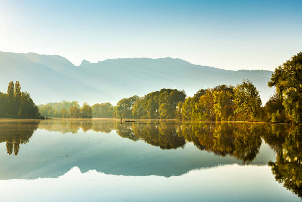 reflexiones en el lago por la mañana - panoramic scenics nature forest fotografías e imágenes de stock