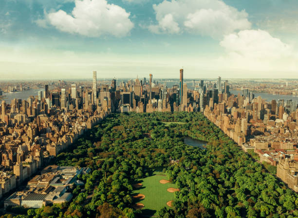 Skyline de New York City com Central Park - foto de acervo