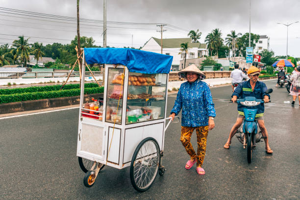 Vinh Long, Vietnam June 07, 2025 - A Vietnamese street vendor sells fried chicken from her mobile cart in Hoa Phu Industrial Zone, Vietnam, during evening worker dismissal.