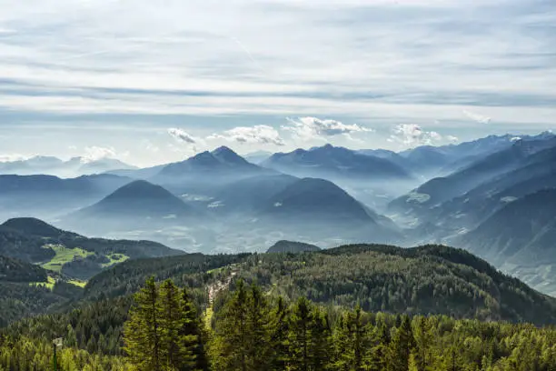 Wonderful view over Italian alps during a hiking tour with beautiful landscape in South Tyrol near Merano and Bolzano