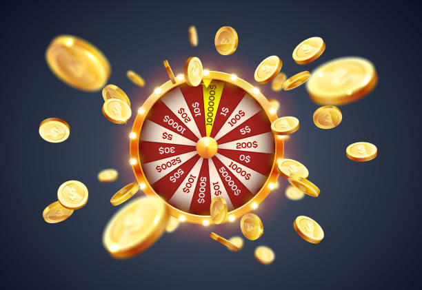 Realistic 3d spinning fortune Vector illustration spinning fortune wheel on explosion of gold coins background. Realistic 3d lucky roulette. casino money stock illustrations