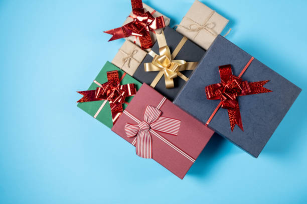 istock Valentine's Day background. Various gift boxes on pastel blue background. Valentines day concept. Flat lay, top view, copy space 1187805951