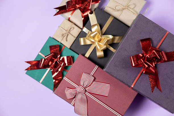 istock Christmas holiday composition. Various gift boxes on pastel purple background. Christmas, new year, birthday concept. Flat lay, top view, copy space 1187805967