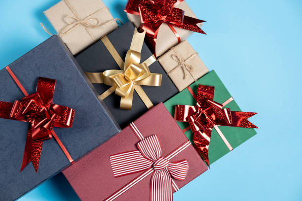 istock Holiday composition. Various handmade gift boxes on pastel blue background. Birthday concept. Flat lay, top view, copy space 1187806218