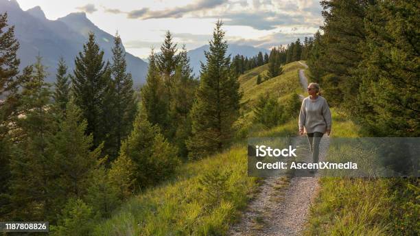 Mature Woman Walks Down Trail In The Morning Stock Photo - Download Image Now - Walking, Nature, Hiking