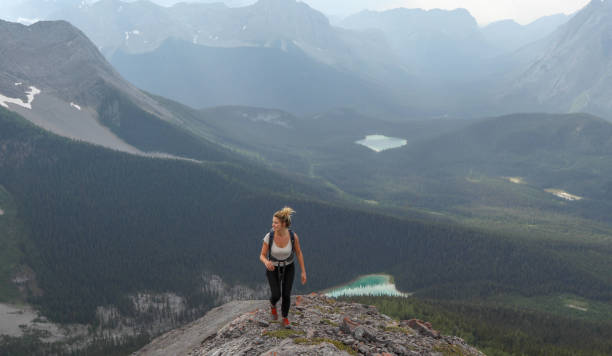 istock Female hiker ascends to mountain summit 1187809016
