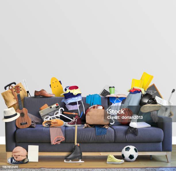 Large Leather Sofa With Mess Stock Photo - Download Image Now - Messy, Domestic Life, Home Interior