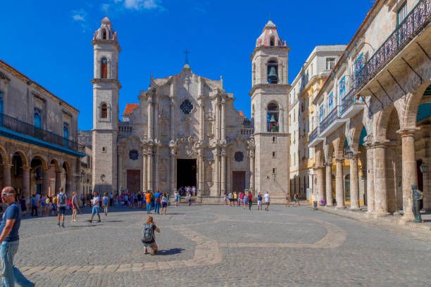 Havana Cuba - Feb 15, 2019: The Cathedral square is a historic place in Old Havana, a landmark of the city and frequently visited by tourists.