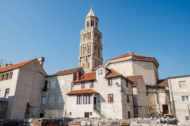 View to tower of The Cathedral of Saint Domnius in Split stock photo