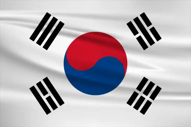 Vector illustration of Waving South Korea flag, official colors and ratio correct. South Korea national flag. Vector illustration.