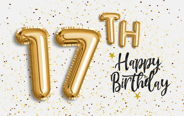 Happy 17th birthday gold foil balloon greeting background. 17 years anniversary logo template- 17th celebrating with confetti. Happy 17th birthday gold foil balloon greeting background. 17 years anniversary logo template- 17th celebrating with confetti. "Illustration 3D" number 17 stock pictures, royalty-free photos & images