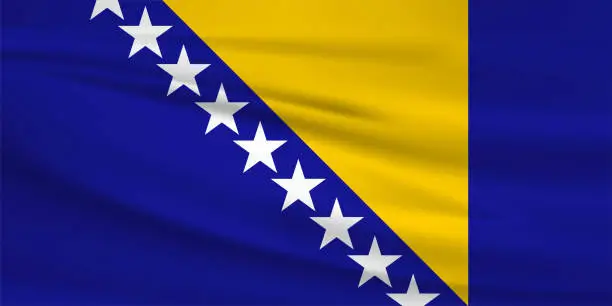 Vector illustration of Waving Bosnia flag, official colors and ratio correct. Bosnia national flag. Vector illustration.