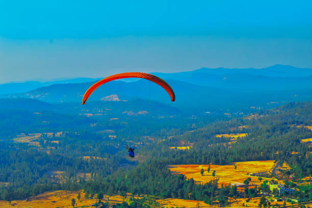 여름 산골짜기 패러글라이딩 장면,패러글라이딩 조종사는 사푸타라 인도에서 하늘 비행에 초점을 맞추고, ountain 계곡 패러 글라이딩, 산에 패러 글라이딩 - paragliding 뉴스 사진 이미지