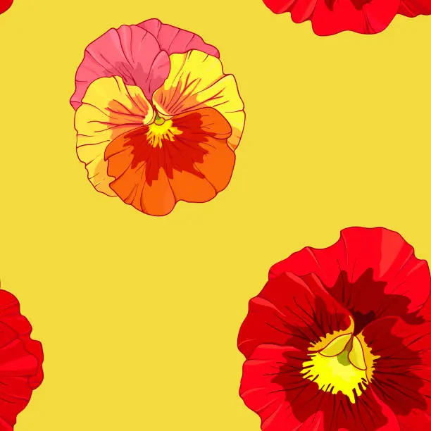 Vector illustration of Bright red and orange flowers of pansy on a yellow background. Seamless vector pattern. Hand drawing illustration.