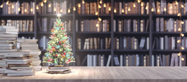 Decorated Christmas tree on Bookshelf in the library with old books, Holidays in Bookstore concept 3d render Decorated Christmas tree on Bookshelf in the library with old books, Holidays in Bookstore concept 3d render 3d illustration christmas decoration storage stock pictures, royalty-free photos & images