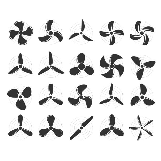 Plane propellers set - fan, rotor mover, aircraft propeller icons, wind fan rotating prop, airplane airscrew Plane propellers set - fan, rotor mover, aircraft propeller icons, wind fan rotating prop, airplane airscrew propeller stock illustrations