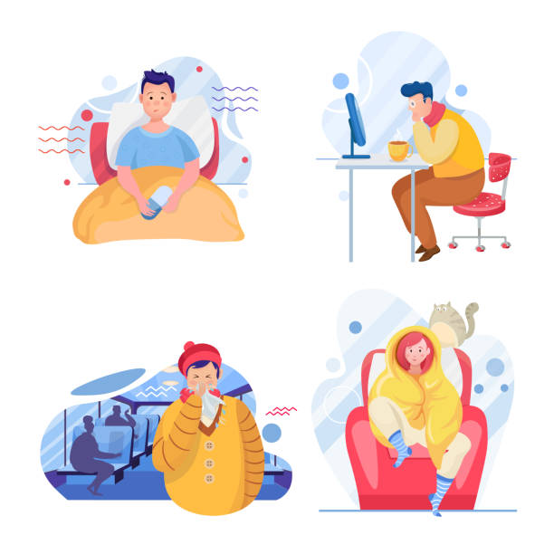 Common cold flat vector illustrations set Common cold flat vector illustrations set. Young sick men and women cartoon characters. Ill people with allergy, influenza infection. Medical and domestic flu treatment. Health care concept cold and flu stock illustrations