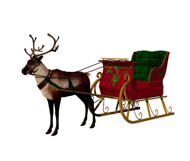 Santa Claus Christmas Reindeer and Sleigh Get your Jolly Old Elf, Santa Claus, moving with this traditional Reindeer and Sleigh, isolated on white background, 3d render. santa sleigh cutout stock pictures, royalty-free photos & images