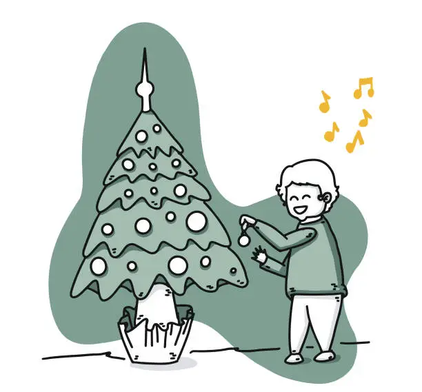 Vector illustration of Baby decorating Christmas tree