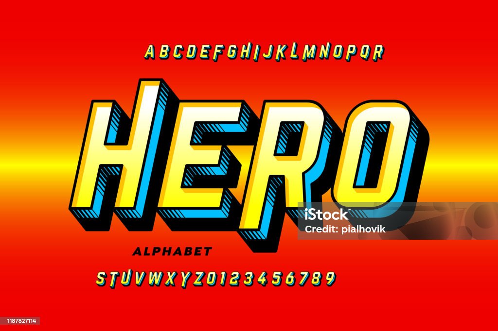 Comics style super hero font Comics style super hero font, alphabet letters and numbers Superhero stock vector
