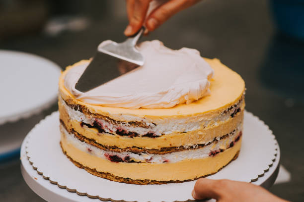 istock Spreading cream filling on a cake layer. 1187830880