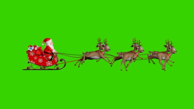 Santa Claus on a Reindeer Sleigh Flying on a Green Background