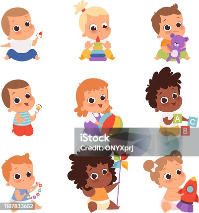 istock Baby playing. Cute little kids newborn 1 years baby characters eating and sitting with toys happy childhood vector cartoon 1187833652