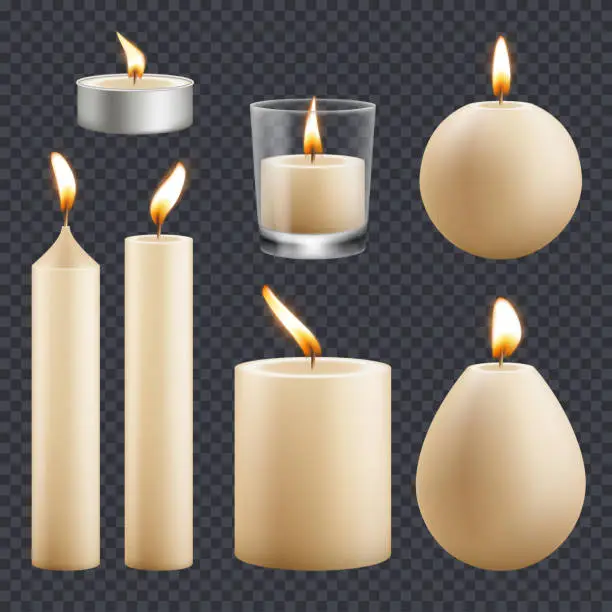 Vector illustration of Candles collection. Decorative birthday celebration wax candles flame different types vector realistic pictures