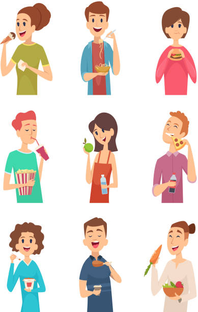 People eating. Hungry persons with different foods and drinks cake spaghetti fruits hotdog burger vector pictures People eating. Hungry persons with different foods and drinks cake spaghetti fruits hotdog burger vector pictures. Illustration hungry people eat food hot male drawing stock illustrations