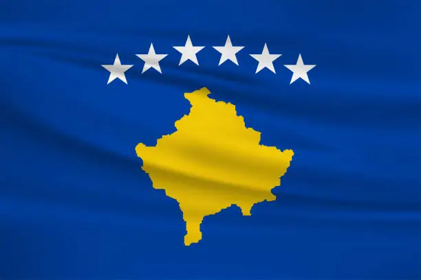 Vector illustration of Waving Kosovo flag, official colors and ratio correct. Kosovo national flag. Vector illustration.