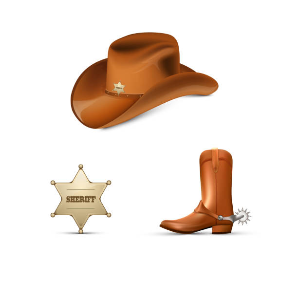 illustrations, cliparts, dessins animés et icônes de chapeau et bottes en cuir de cowboy avec des éperons, insigne métallique du shérif - cowboy hat illustrations