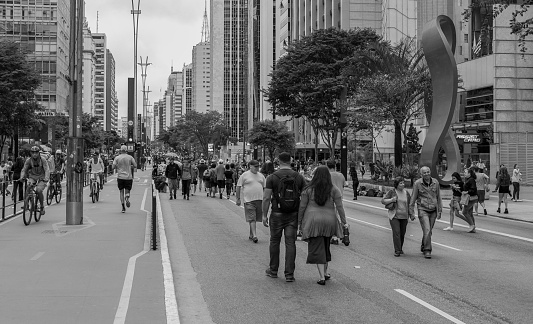 Sao Paulo city, Sao Paulo state, Brazil - October 06, 2019:The most famous avenue of São Paulo city that every sunday attracts thousands of tourists for being closed to car traffic.