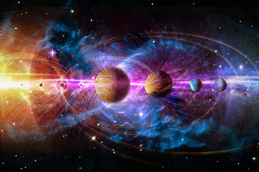 Solar system planets set. The Sun and planets in a row on universe stars and lines of gravity background. Elements of this image furnished by NASA.\n\n/urls:\nhttps://www.nasa.gov/image-feature/suns-magnetic-field-portrayed\nhttps://solarsystem.nasa.gov/resources/545/artists-concept-our-solar-system/\nhttps://www.nasa.gov/image-feature/goddard/2016/hubble-spins-a-web-into-a-giant-red-spider-nebula