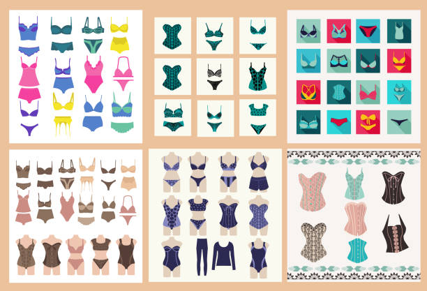 ilustrações de stock, clip art, desenhos animados e ícones de collection of lingerie panty and bra set symbol. - bustiers