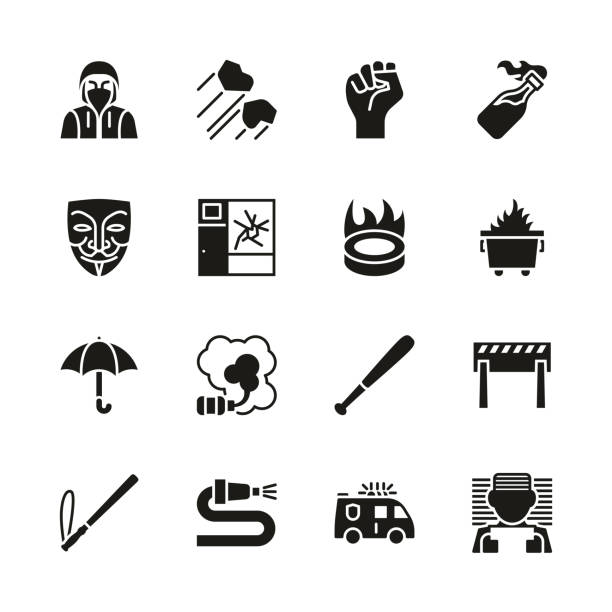 ilustrações de stock, clip art, desenhos animados e ícones de violent demonstration icons black & white set - water cannon