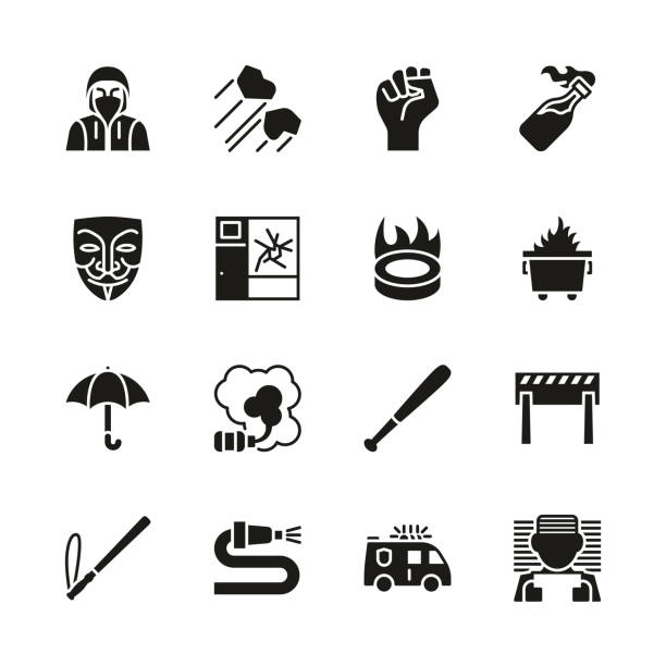Violent Demonstration Icons Black & White Set This image is a vector illustration and can be scaled to any size without loss of resolution. police tear gas stock illustrations