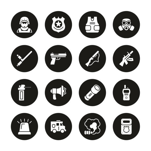 SWAT Team Icons White On Black Circle Set This image is a vector illustration and can be scaled to any size without loss of resolution. riot tear gas stock illustrations