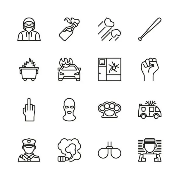 Vector illustration of Riot or Public Disturbance Icons Thin Line Set