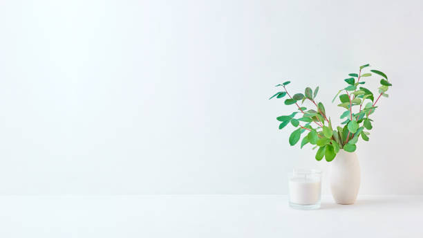 istock Home interior with decor elements. Branches with green leaves in a vase on a light background 1187845249