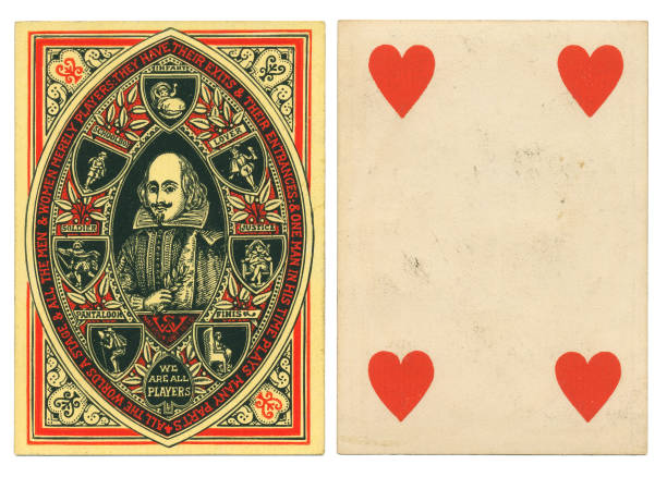 Antique playing card Shakespeare As You Like It This is a 19th century four of hearts playing card with square corners and no indices (no numbers in the corners). Back design: an uncommon portrait of Shakespeare featuring the "All the world's a stage" speech, taken from the play As You Like It. The design includes a lengthy quotation from the monologue by the character Jacques. The portrait shows William Skespeare (Shakspear) from the waist up, holding a small, leafy twig. The design shows Shakespeare's depiction of the life cycle mankind, encapsulated on the back of a playing card. william shakespeare stock pictures, royalty-free photos & images