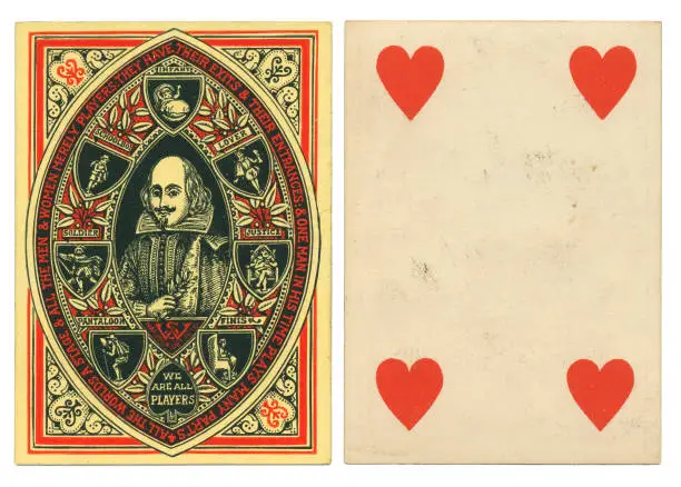 This is a 19th century four of hearts playing card with square corners and no indices (no numbers in the corners). Back design: an uncommon portrait of Shakespeare featuring the "All the world's a stage" speech, taken from the play As You Like It. The design includes a lengthy quotation from the monologue by the character Jacques. The portrait shows William Skespeare (Shakspear) from the waist up, holding a small, leafy twig. The design shows Shakespeare's depiction of the life cycle mankind, encapsulated on the back of a playing card.