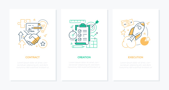 Business processes - line design style banners set with place for your text. Workflow, startup ideas, linear illustrations with icons. Contract signing, timely creation and execution project steps