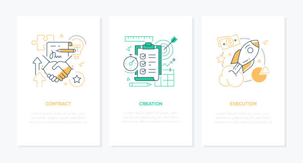 Business processes - line design style banners set Business processes - line design style banners set with place for your text. Workflow, startup ideas, linear illustrations with icons. Contract signing, timely creation and execution project steps partnership stock illustrations