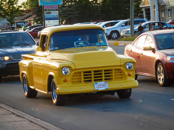 1955 chevrolet second series pickup truck - pick up truck old car traffic stock-fotos und bilder