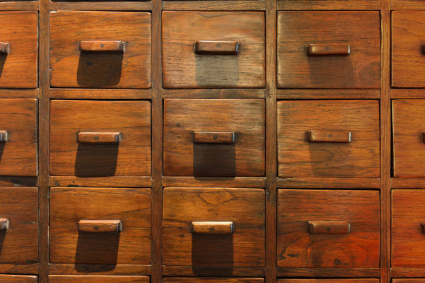istock Old vintage pull out cabinets, Wooden retro style with lighting. 1187848829