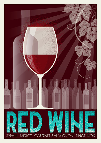 A retro-looking poster in art deco style, promoting red wine.